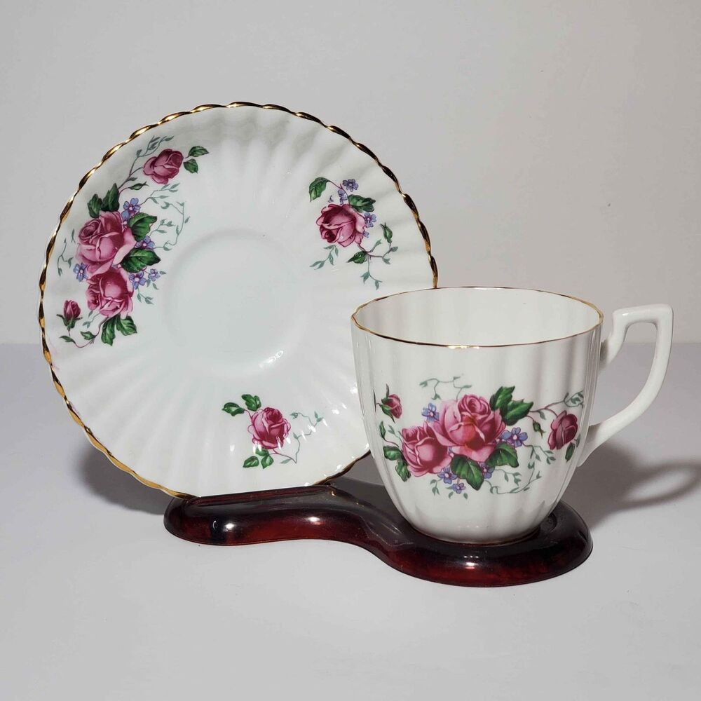 English Castle Teacup and Saucer Pink Roses Vintage